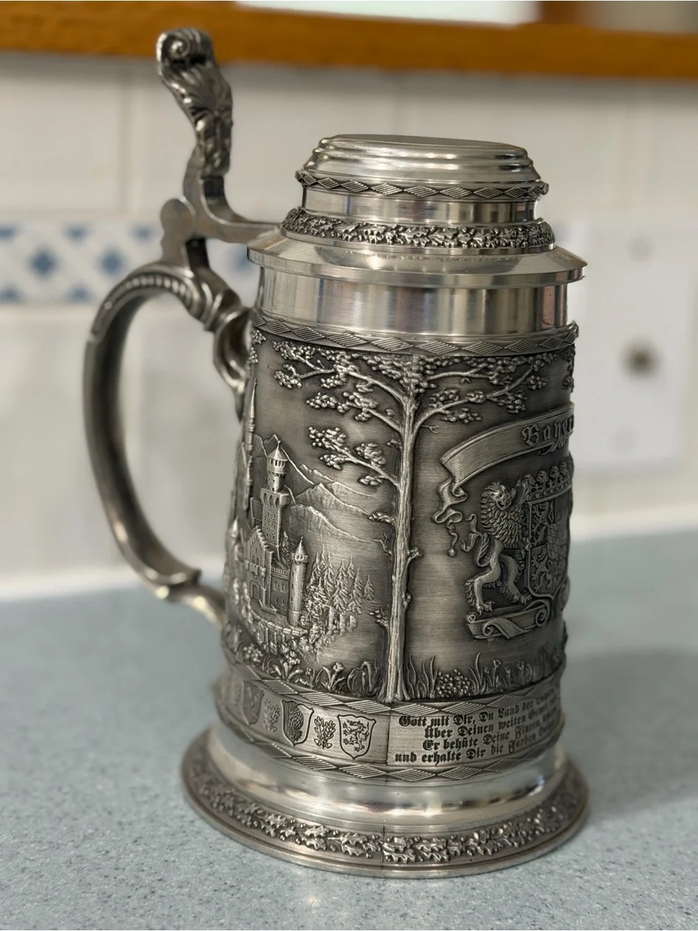1970s SKS - Zinn Bavaria Germany Beer Stein Coat of Arms Lidded Authentic